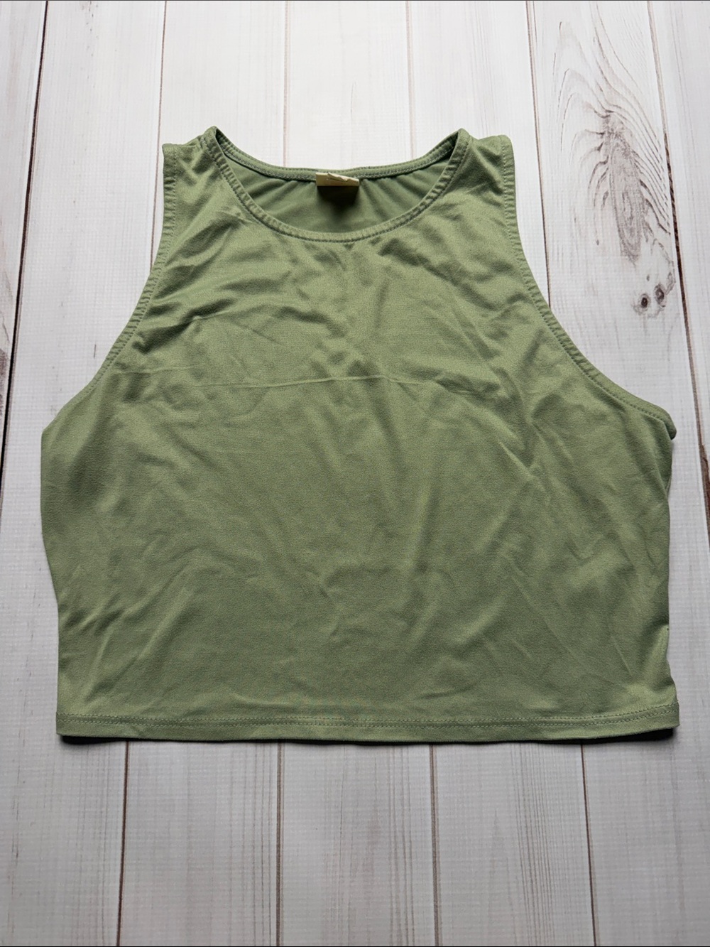 High-Neck Olive Green Crop Top - Sleeveless Casual Tank - Picture 2 of 4